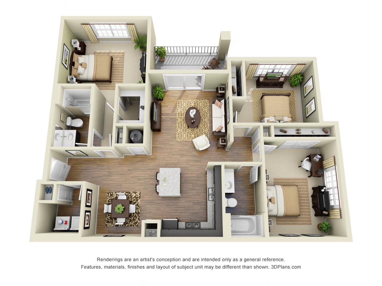 Floor plan for 3 beds, 2 baths, 1372 sqft